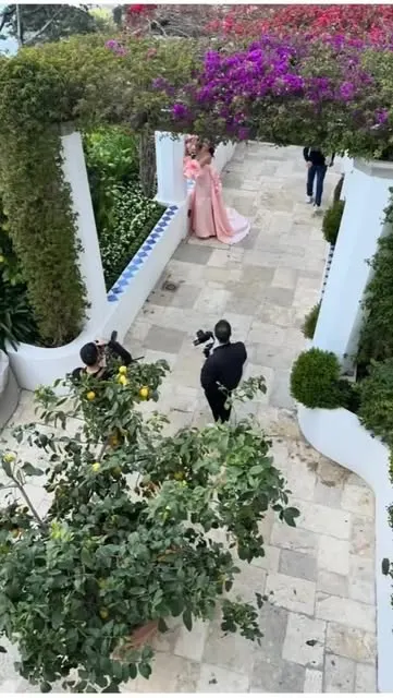Vialetti in lastre di pietra irregolari in un giardino con muretti bianchi e agrumi in vaso